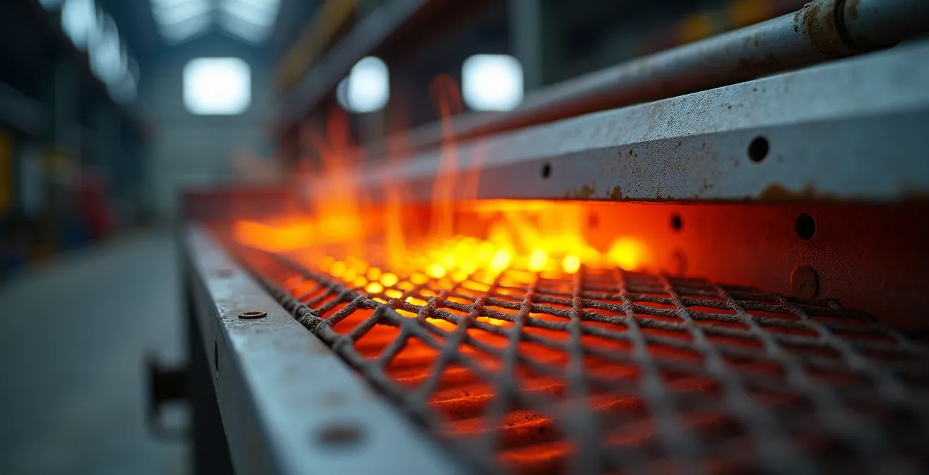 Aérotherme industriel créant un flux d'air chaud visible dans un entrepôt à haute hauteur