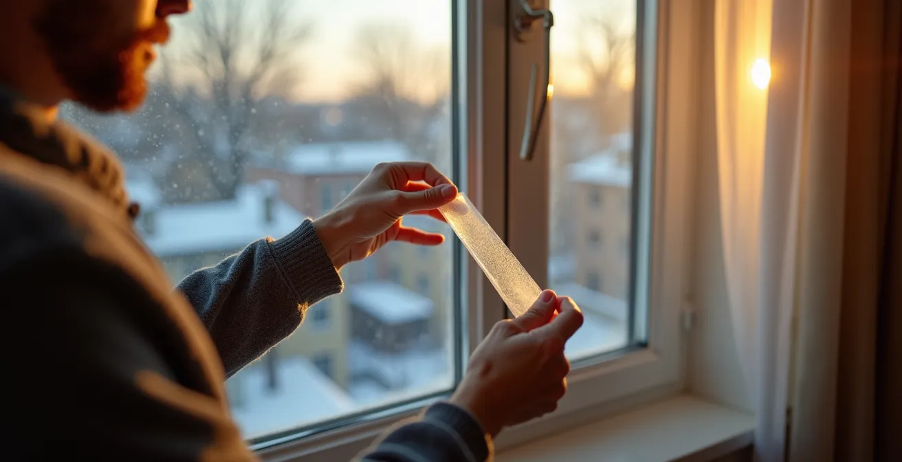 Application de scellant pelable transparent sur le cadre intérieur d'une fenêtre d'appartement