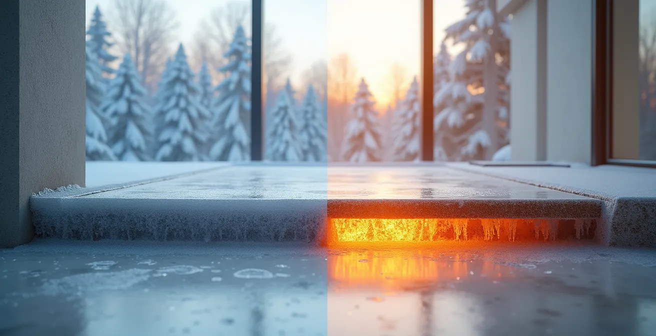 Coupe transversale d'un balcon en béton montrant le pont thermique et la solution de rupture thermique