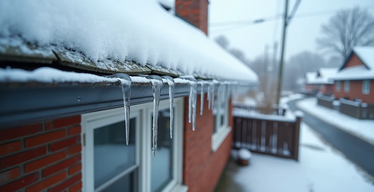 Coupe transversale d'un toit québécois montrant la formation de barrages de glace et l'écoulement d'eau vers les murs de brique