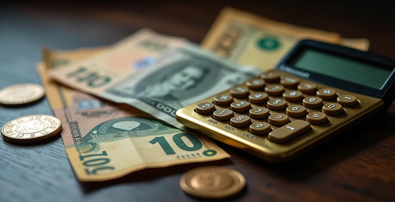 Gros plan sur des billets canadiens et pièces de monnaie avec calculatrice montrant des économies