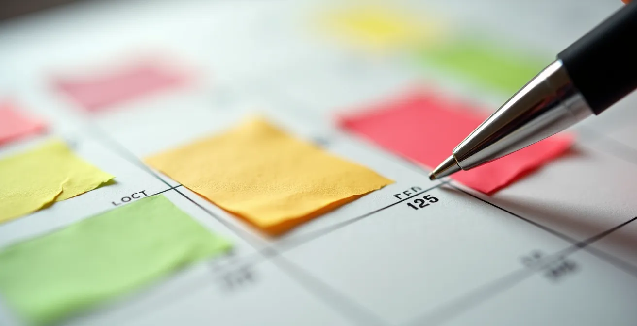 Vue macro d'un calendrier de planification avec zones colorées marquant les périodes à éviter