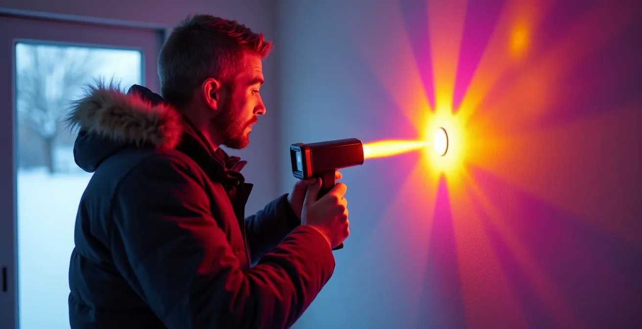 Propriétaire utilisant une caméra thermique pour détecter les ponts thermiques dans sa maison québécoise