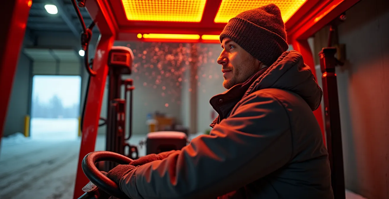 Système de chauffage infrarouge au-dessus d'un quai de chargement avec cariste au travail