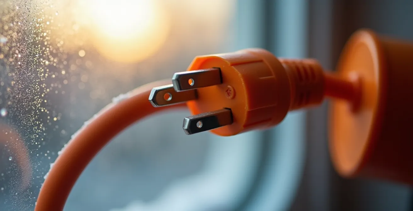 Gros plan sur une rallonge électrique de calibre 12 AWG orange pour travaux lourds branchée à une chaufferette