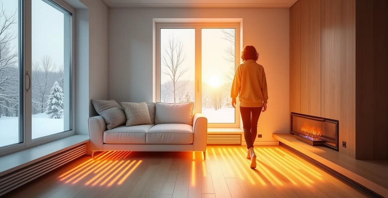 Coupe transversale d'une pièce montrant les flux de chaleur par convection et radiation