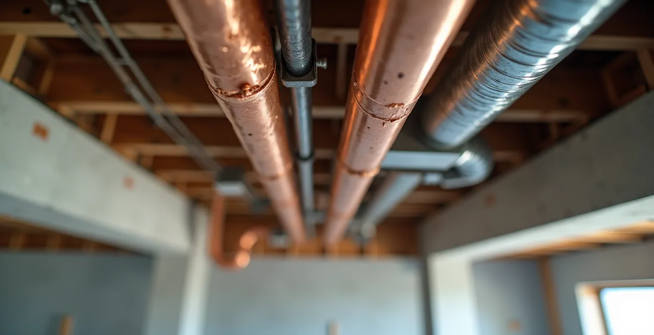 Coupe architecturale montrant la différence d'encombrement entre tuyaux VRF et gaines traditionnelles dans un faux plafond