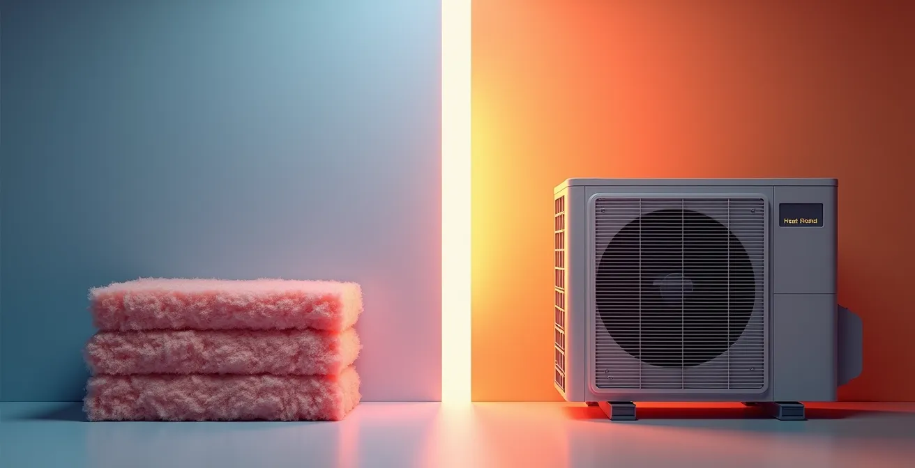 Comparaison visuelle entre isolation et système de chauffage pour économies d'énergie