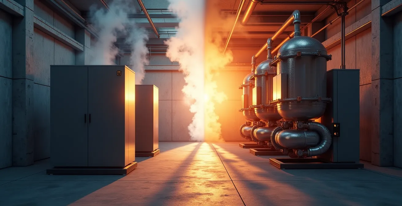 Installation de système bi-énergie dans un entrepôt québécois montrant les équipements électriques et gaz naturel côte à côte