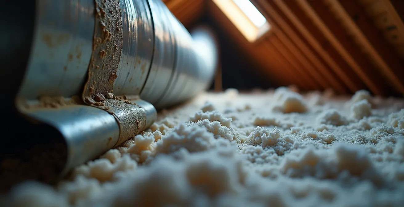 Conduits d'air non isolés dans un grenier froid avec givre visible