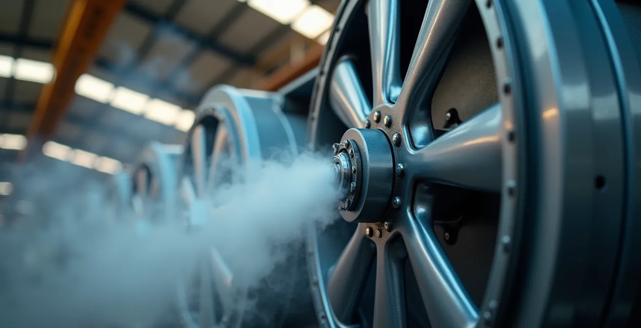 Vue macro d'un déstratificateur industriel en action avec effet visible de circulation d'air