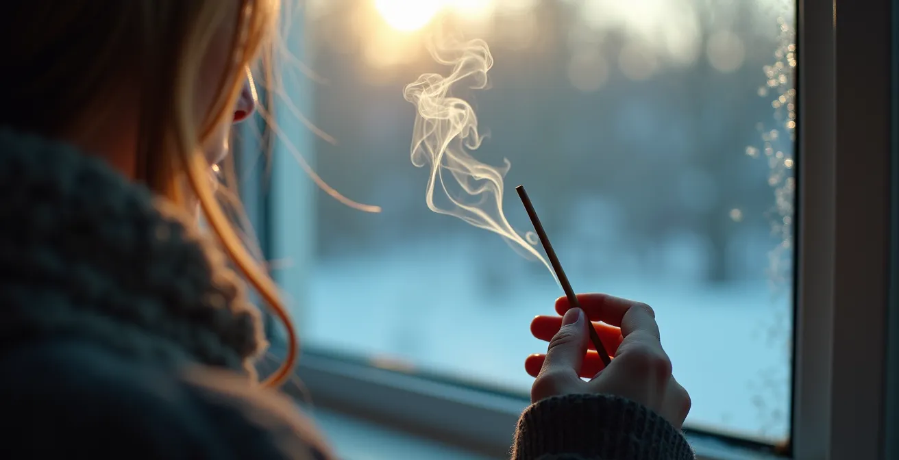Main tenant un bâton d'encens près d'une fenêtre givrée pour détecter les courants d'air