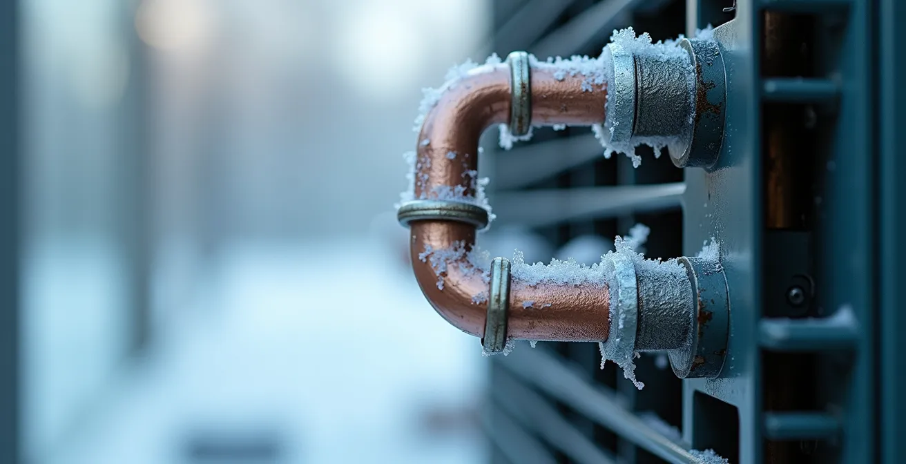 Vue macro d'un compresseur de thermopompe avec cristaux de givre en arrière-plan