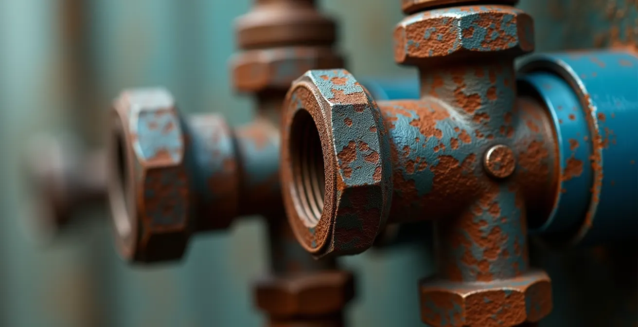 Gros plan sur les connexions d'un chauffe-eau montrant les signes d'usure et de corrosion
