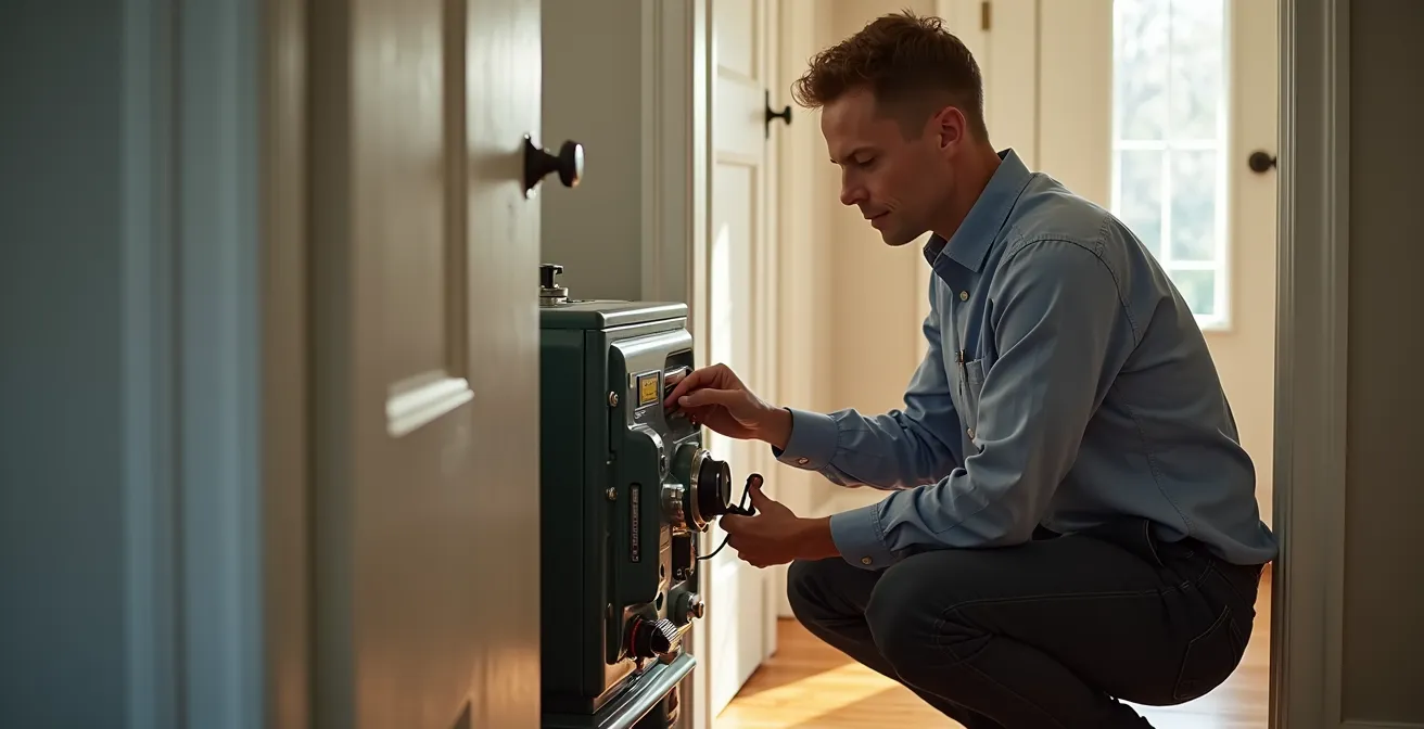 Conseiller Rénoclimat installant un équipement de test d'infiltrométrie dans l'entrée d'une maison