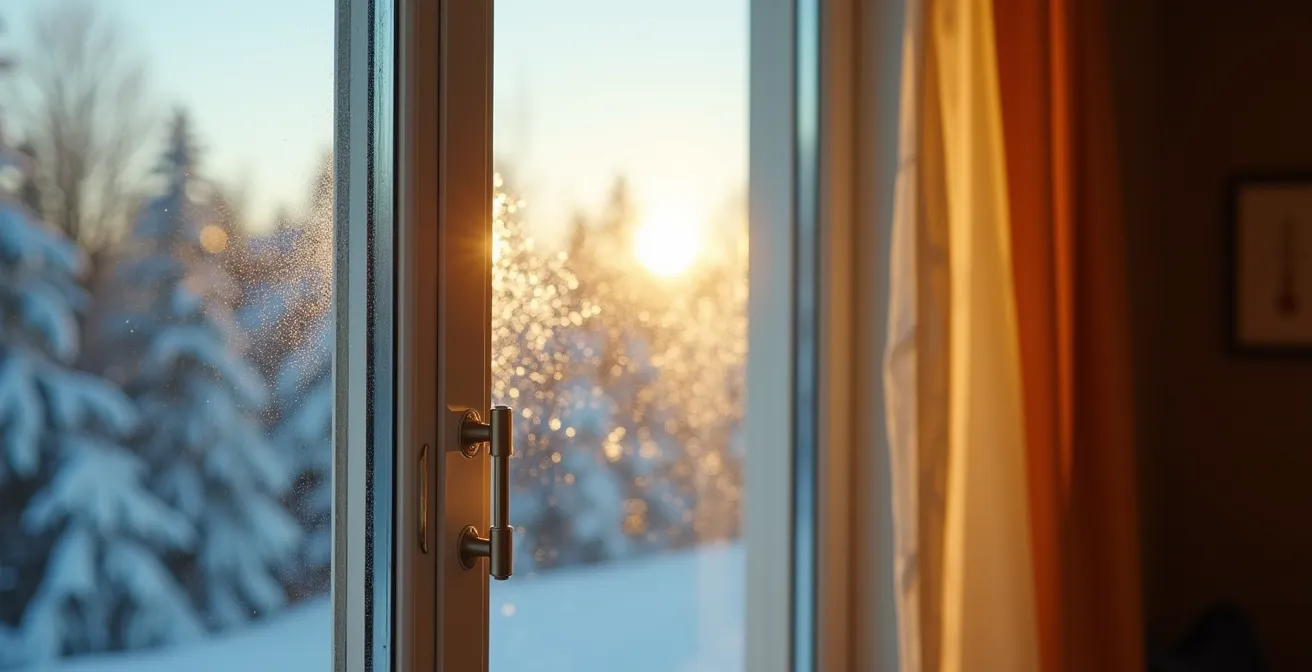 Fenêtre entrouverte en hiver avec vapeur d'eau s'échappant