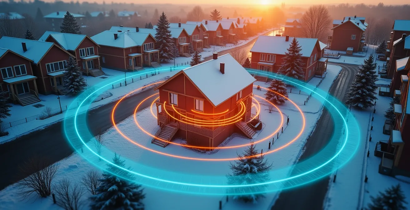 Vue aérienne d'un quartier résidentiel montréalais avec zones de géorepérage représentées par des cercles concentriques translucides