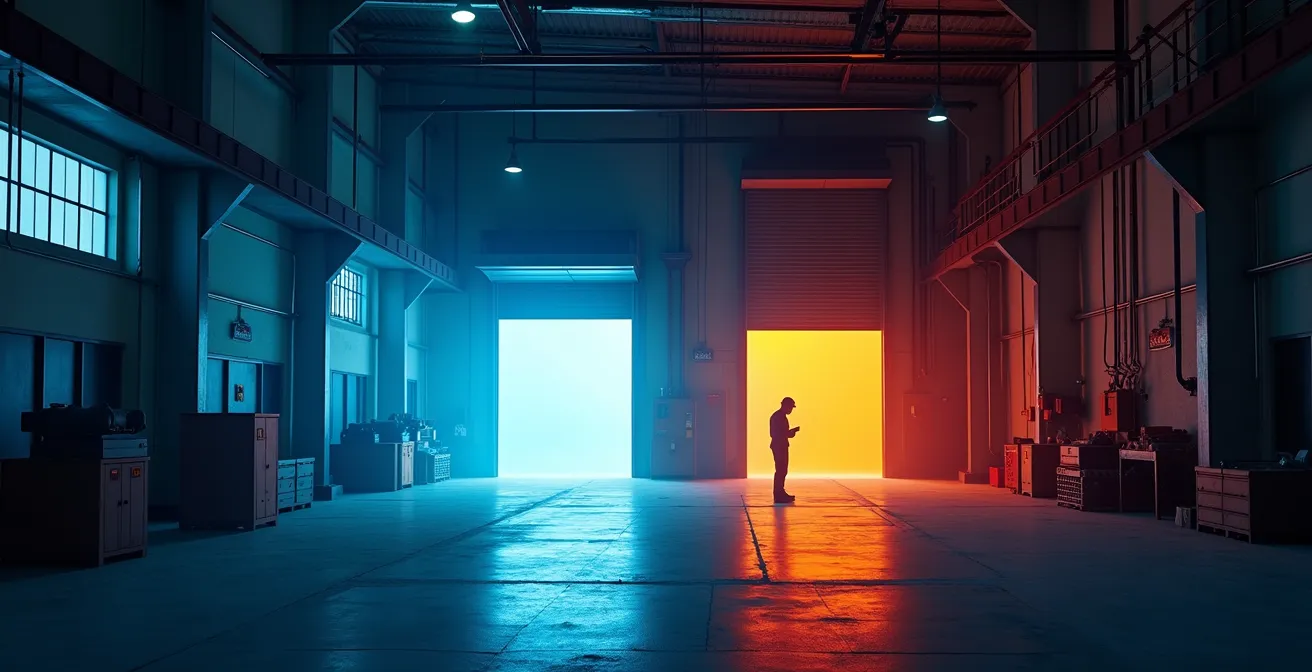 Vue d'ensemble d'un atelier industriel montrant le zonage thermique près d'une porte d'expédition