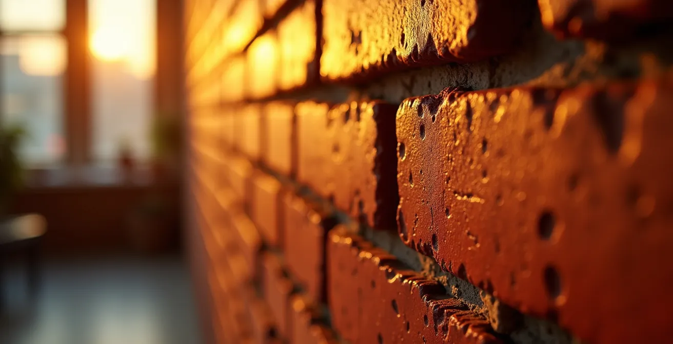 Vue macro de la texture d'un mur de brique rouge québécois retenant la chaleur