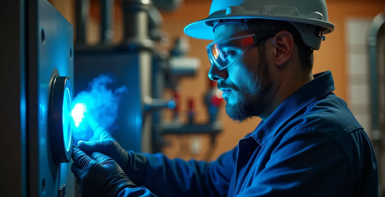 Technicien certifié inspectant un brûleur industriel avec détecteur de monoxyde de carbone