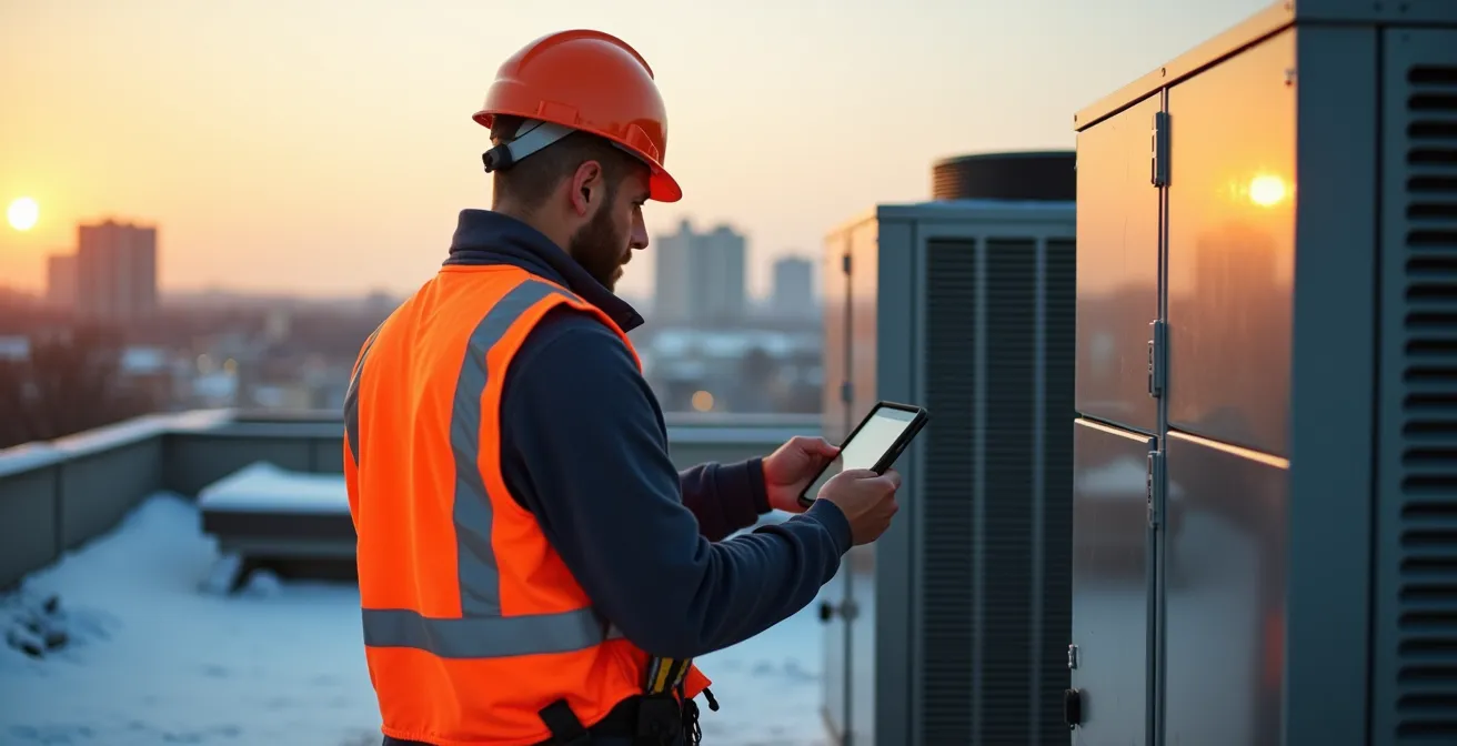 Technicien inspectant une unité de chauffage sur le toit d'un bâtiment commercial au Québec