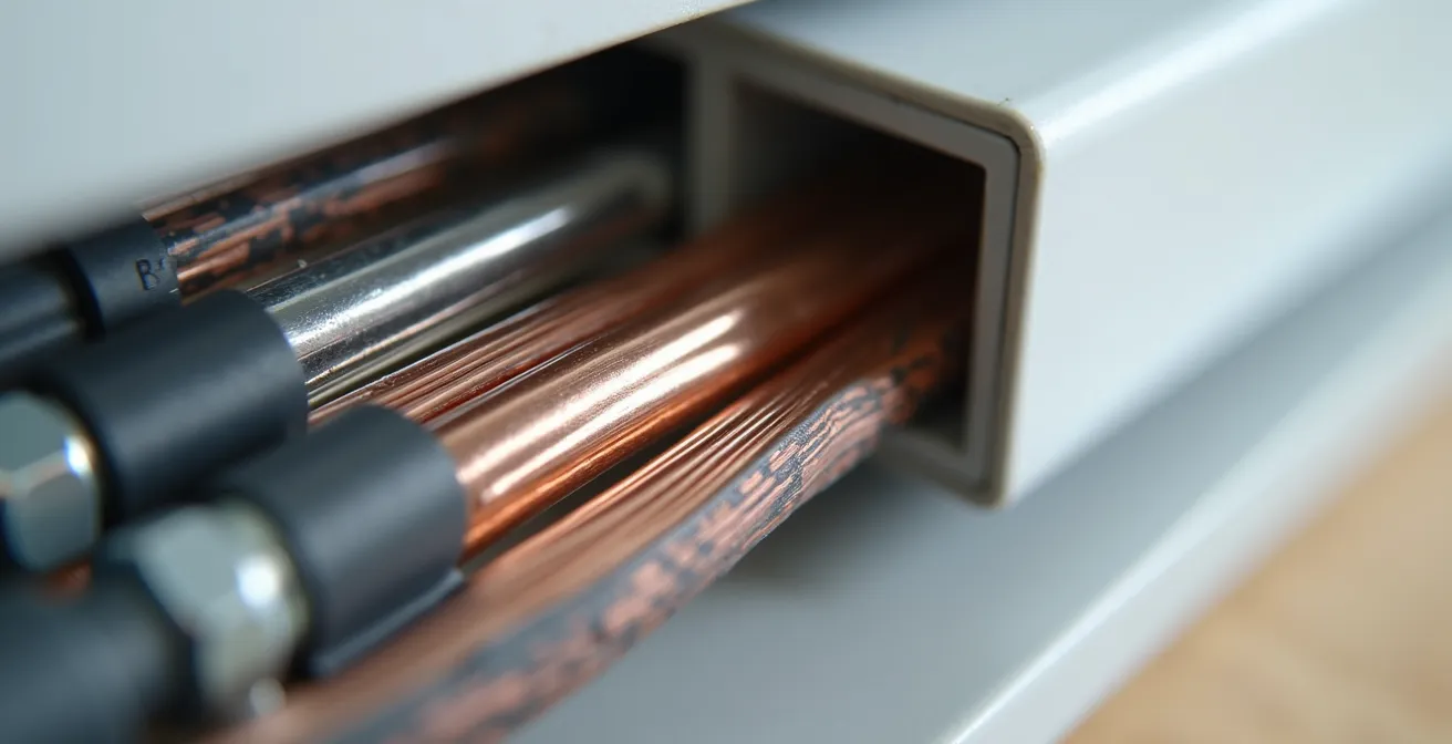 Vue macro détaillée de l'installation d'une plinthe électrique au mur