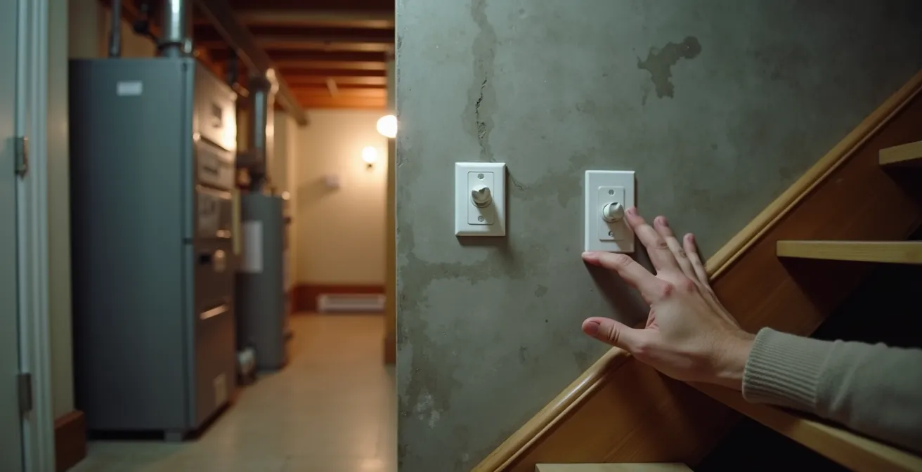 Interrupteur mural standard près d'un escalier de sous-sol contrôlant l'alimentation de la fournaise