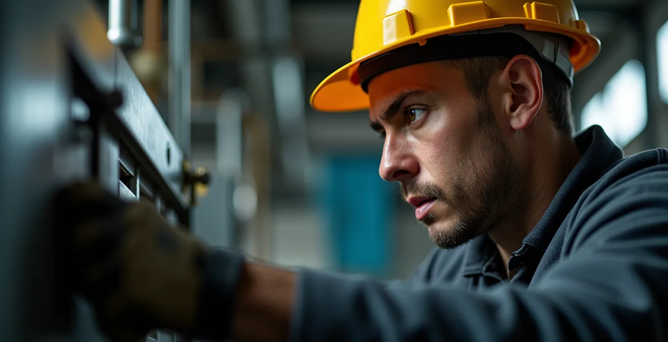 Technicien effectuant une maintenance préventive sur système de ventilation industriel