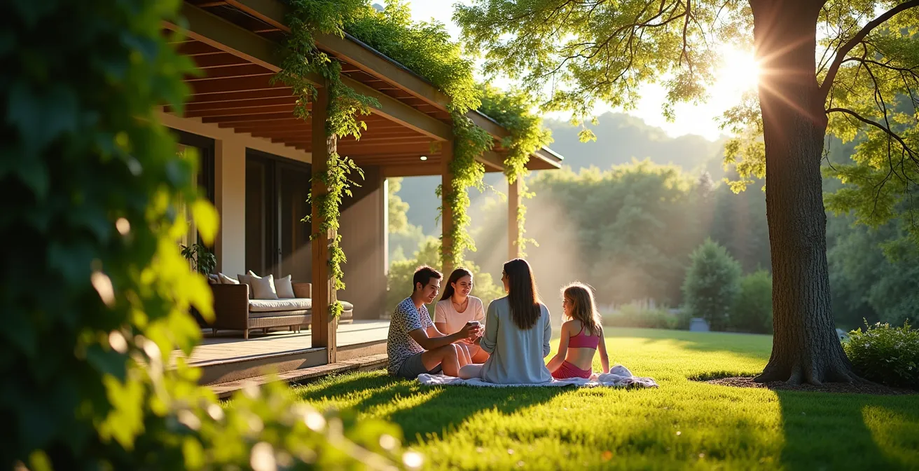 Maison québécoise moderne adaptée aux canicules avec végétalisation et protections solaires passives