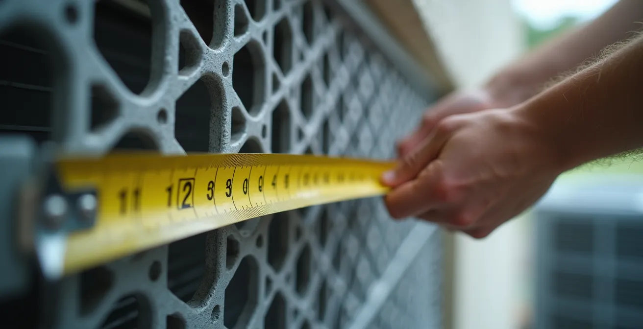 Technicien mesurant le dégagement d'un retour d'air de thermopompe avec un ruban à mesurer