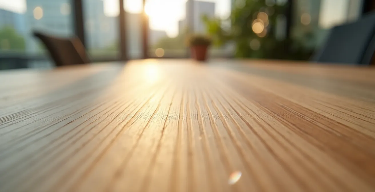 Détail macro d'un bureau en bois naturel certifié avec étiquette de certification visible en arrière-plan flou