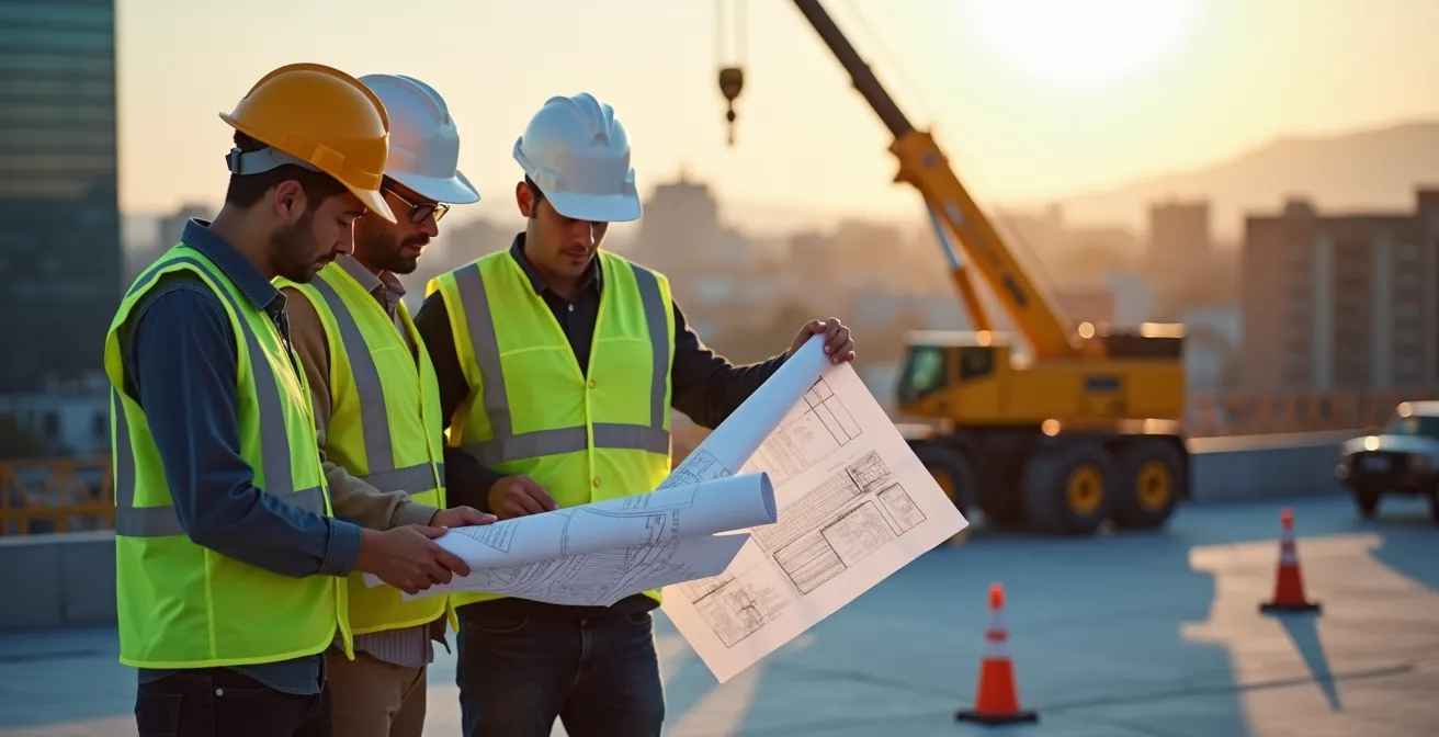 Plan technique de levage par grue avec zones de sécurité marquées au centre-ville