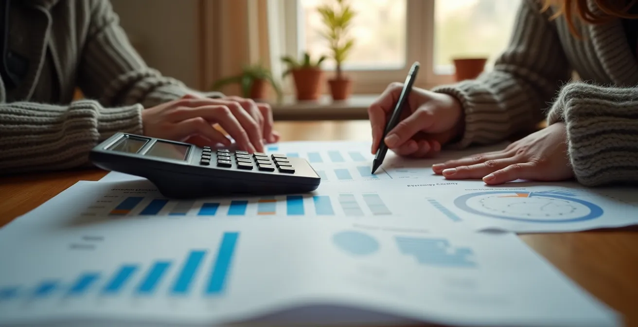 Personne calculant sa consommation électrique avec calculatrice et graphiques