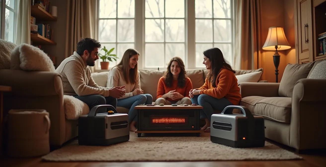 Intérieur chaleureux avec chauffages d'appoint pendant les travaux de remplacement du système CVAC en hiver.