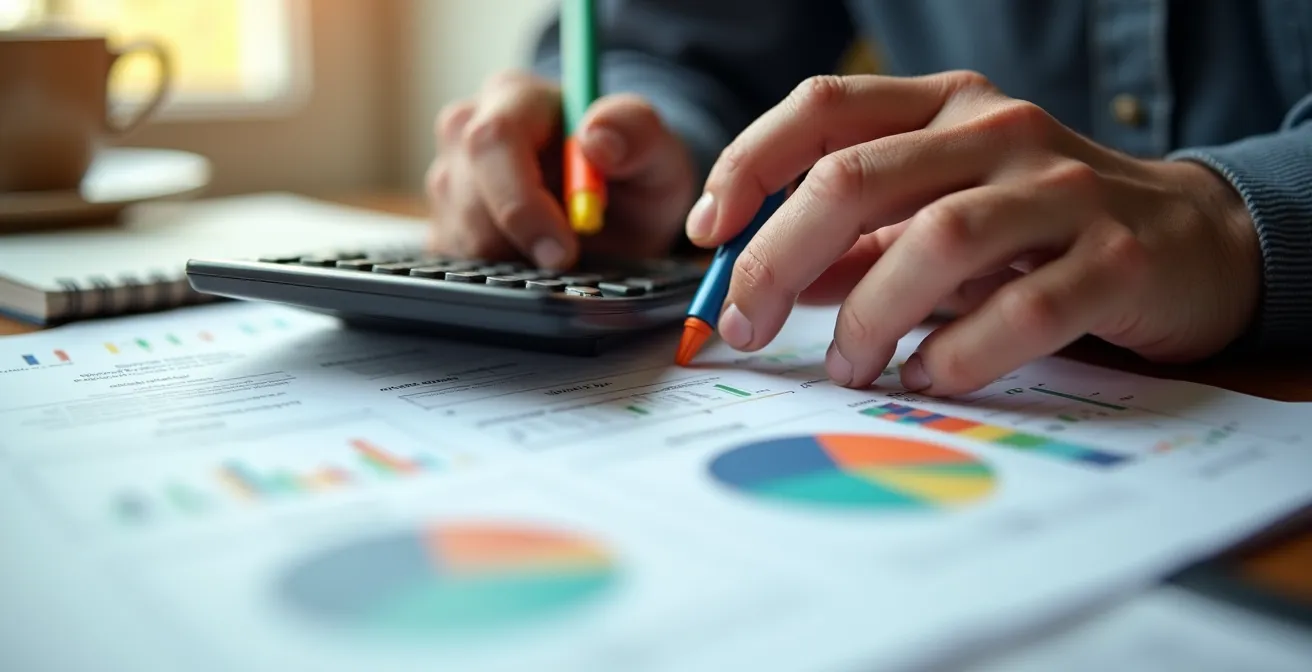 Gros plan sur des mains analysant un rapport énergétique avec calculatrice et surligneurs