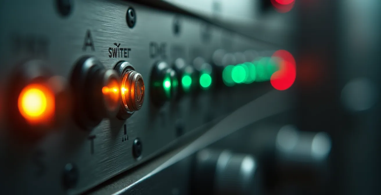 Vue macro détaillée d'un panneau de contrôle de fournaise avec indicateurs lumineux