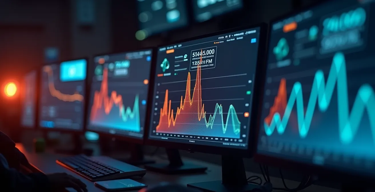 Système de monitoring énergétique avec graphiques de consommation en temps réel dans une salle de contrôle
