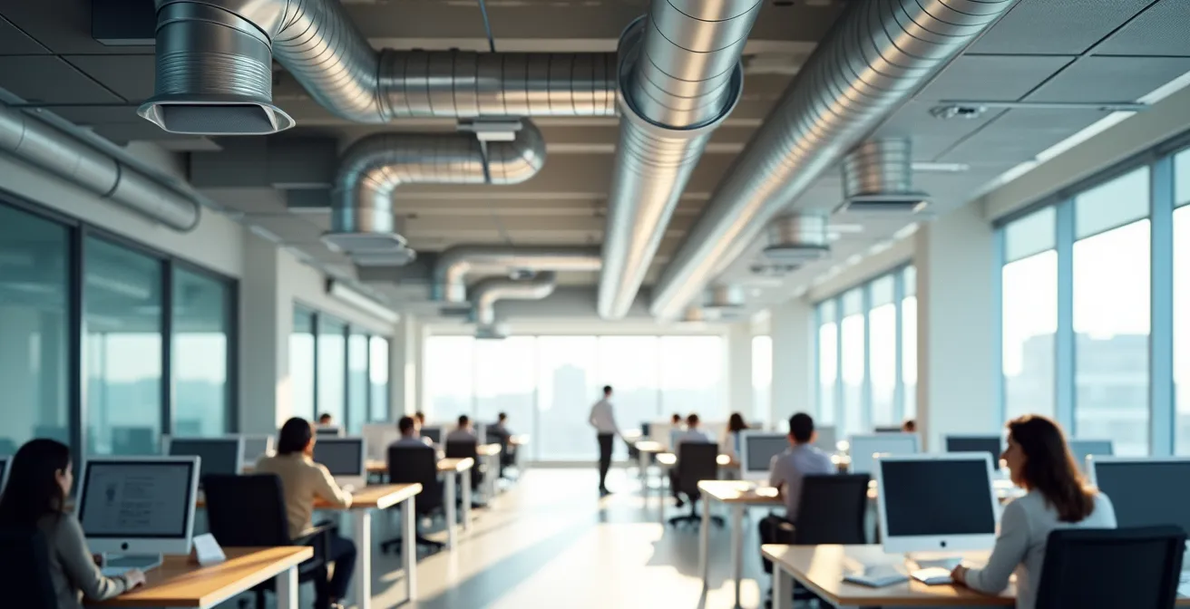 Vue d'ensemble d'un bureau moderne avec système de ventilation apparent et flux d'air naturel visible
