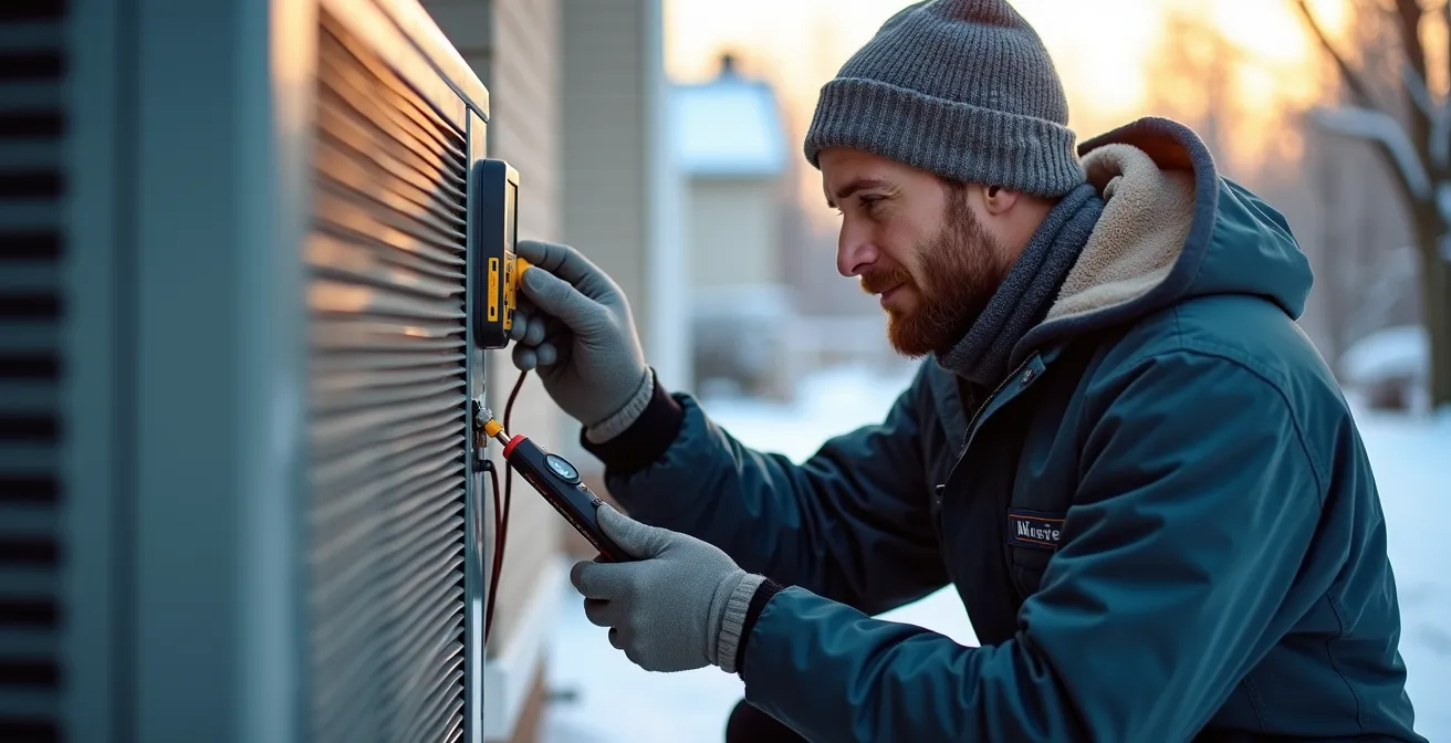 Technicien inspectant une thermopompe extérieure en hiver au Québec