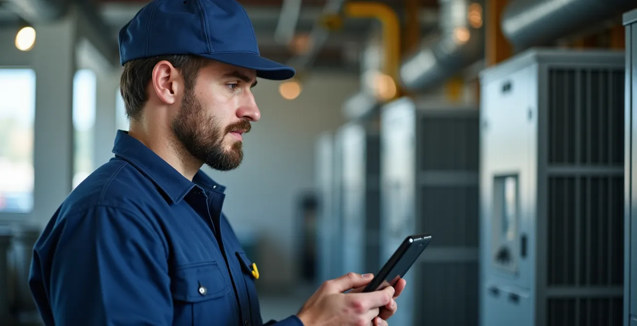 Technicien de maintenance utilisant une tablette devant des équipements CVC industriels