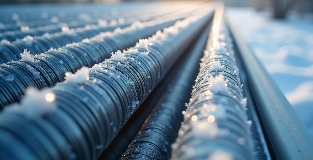 Détail macro d'une thermopompe avec cristaux de givre en hiver