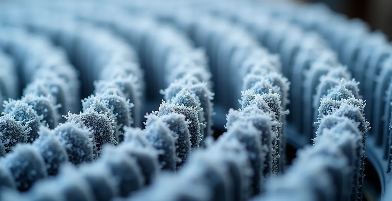 Vue macro des composants givrés d'une thermopompe fonctionnant par grand froid québécois