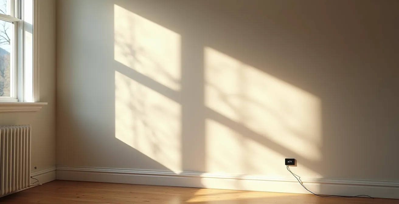 Vue large d'un salon québécois montrant un thermostat sur un mur exposé aux rayons du soleil d'hiver