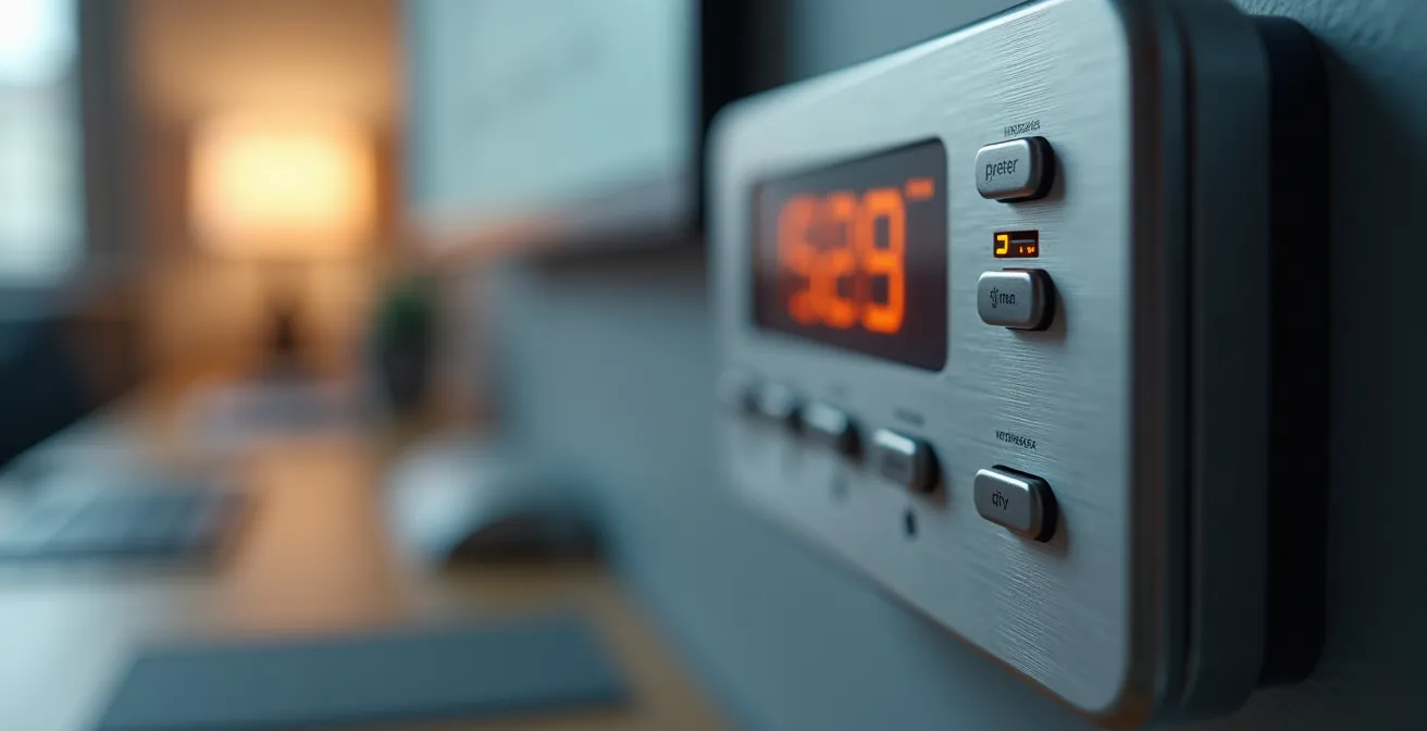 Gros plan sur un thermostat intelligent moderne contrôlant le système CVC d'un bâtiment commercial