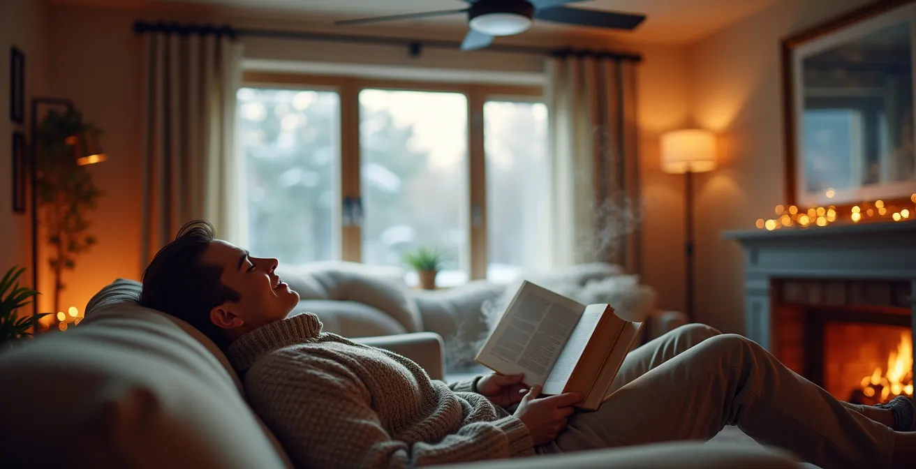 Ventilateur de plafond en mode hiver montrant la circulation d'air vers le haut