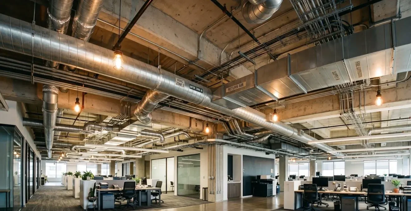 Schéma illustratif d'un réseau de conduits de ventilation dans un immeuble commercial avec plusieurs zones aérauliques