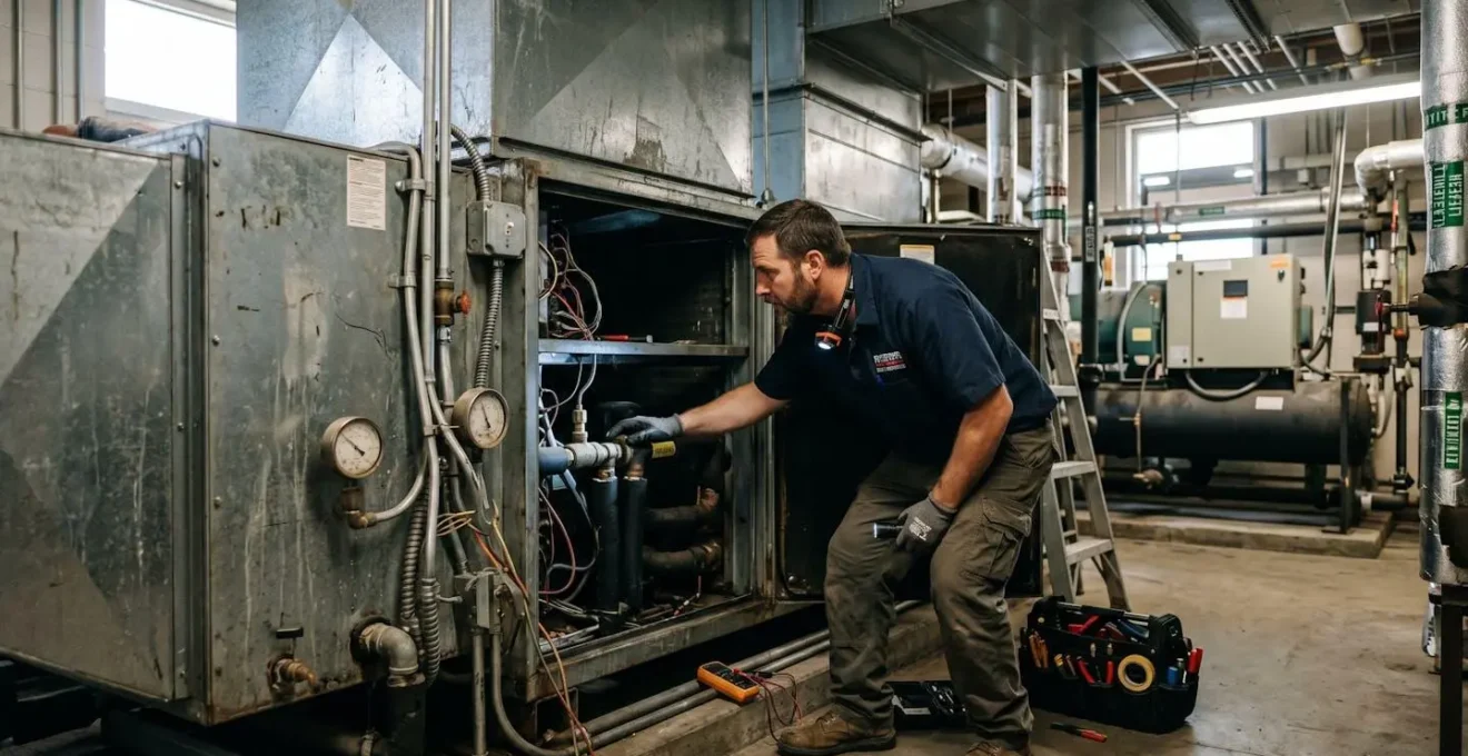 Technicien HVAC inspectant une centrale de traitement d'air dans un bâtiment commercial à Longueuil