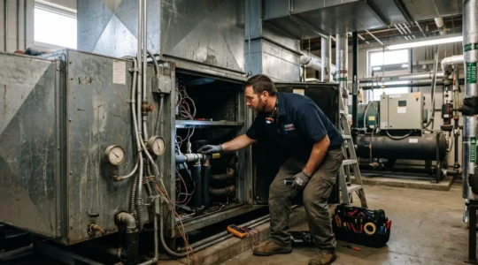 Technicien HVAC inspectant une centrale de traitement d'air dans un bâtiment commercial à Longueuil