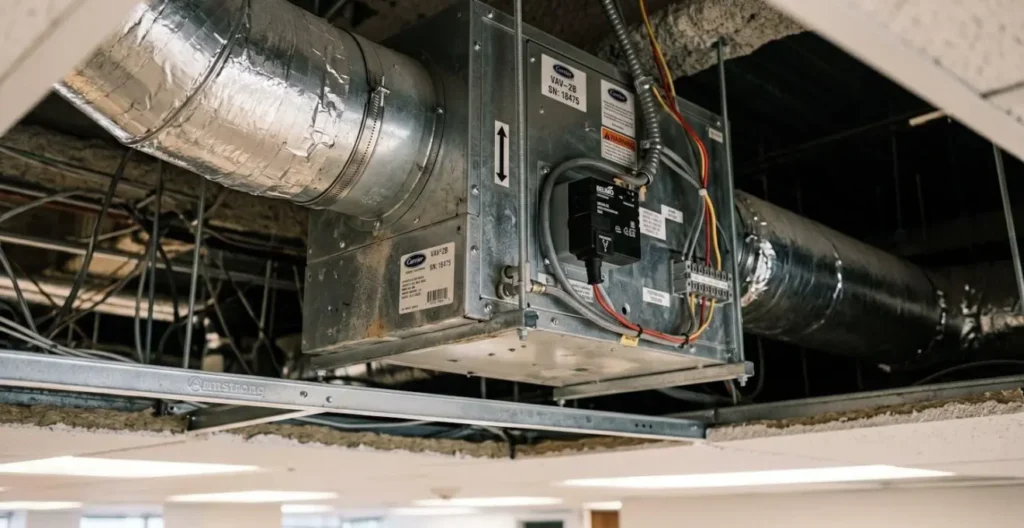 Boîtier VAV de régulation à débit variable installé dans un faux plafond de bureau commercial Boîtier VAV de régulation à débit variable installé dans un faux plafond de bureau commercial