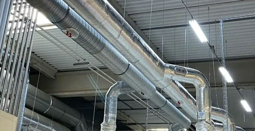 Schéma illustratif d'un réseau de conduits de ventilation dans un immeuble commercial avec plusieurs zones aérauliques Schéma illustratif d'un réseau de conduits de ventilation dans un immeuble commercial avec plusieurs zones aérauliques